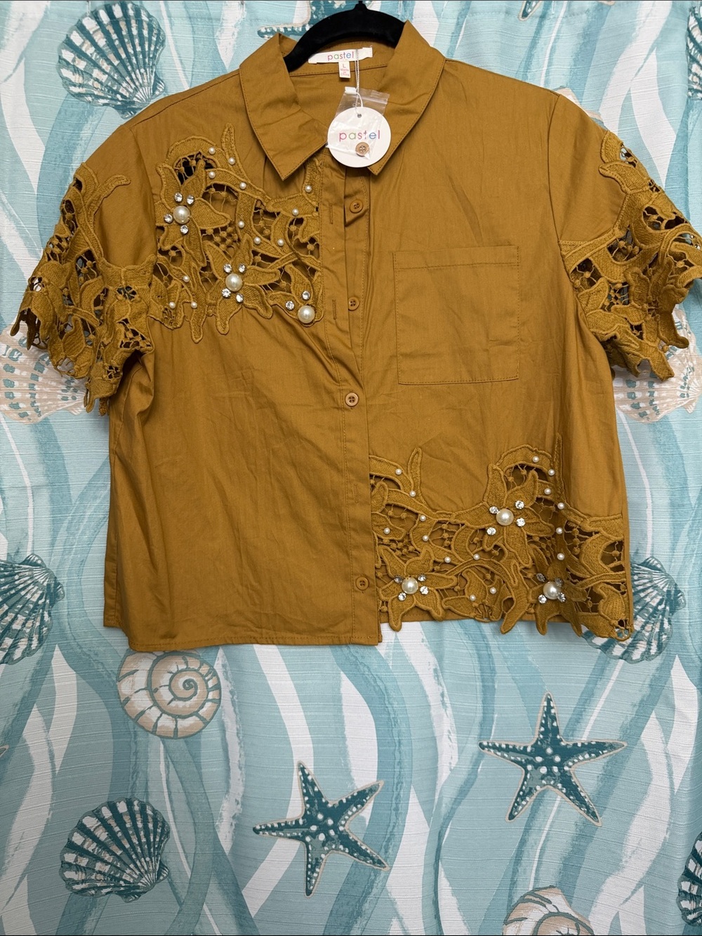 Pastels Mustard Lace-Appliqué Button-Front Shirt